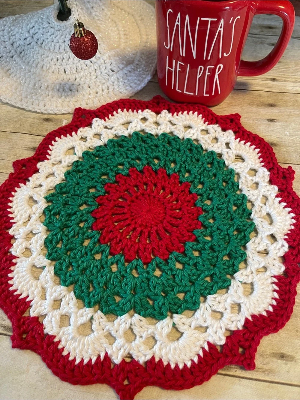 Red & Green Christmas Crochet Doily Centerpiece Handmade 12 Inches